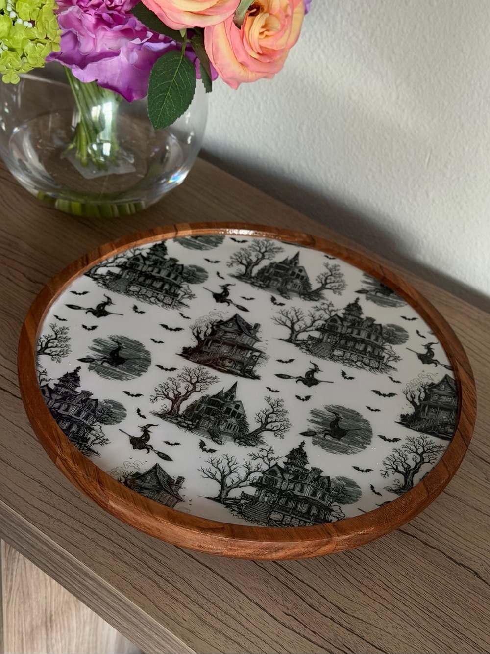 NWOT Wooden Serving Tray lazy Susan spinning Halloween witch bats village